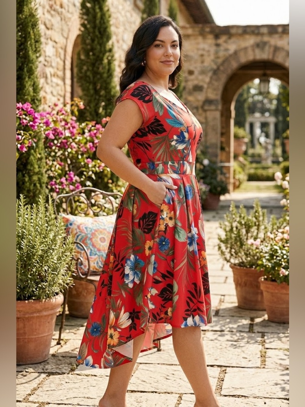 Janette Plus Red Tropical Floral High-Low Midi Dress Cap Sleeve Pockets GUC